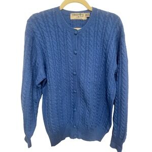 Vintage Woodstock International by Bernard Cardigan L Cable Knit 100% Wool Blue